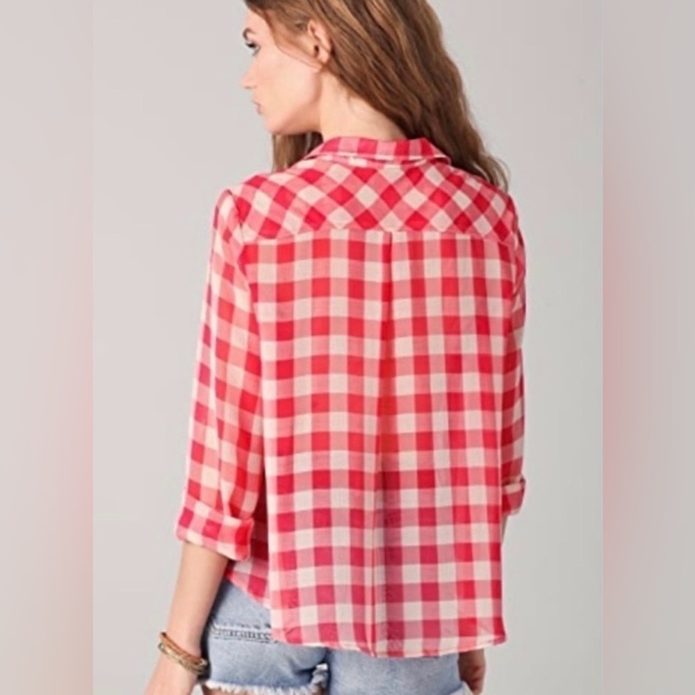 Free People FP Red Gingham Plaid Semi Sheer Flowy Button Front Shirt Size S/P - Picture 2 of 4